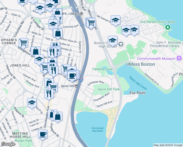 map of restaurants, bars, coffee shops, grocery stores, and more near 10 Sea View Terrace in Boston