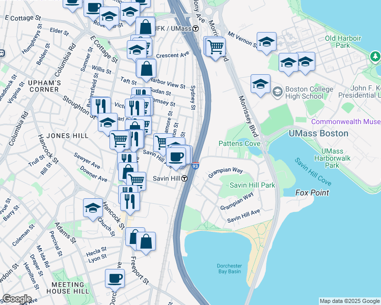 map of restaurants, bars, coffee shops, grocery stores, and more near 47 Tuttle Street in Boston