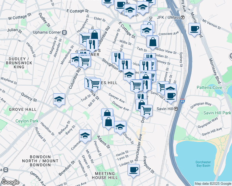 map of restaurants, bars, coffee shops, grocery stores, and more near 21 Peverell Street in Boston