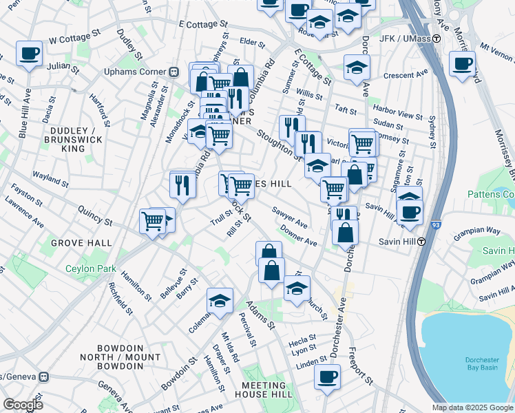 map of restaurants, bars, coffee shops, grocery stores, and more near 17 Rowell Street in Boston