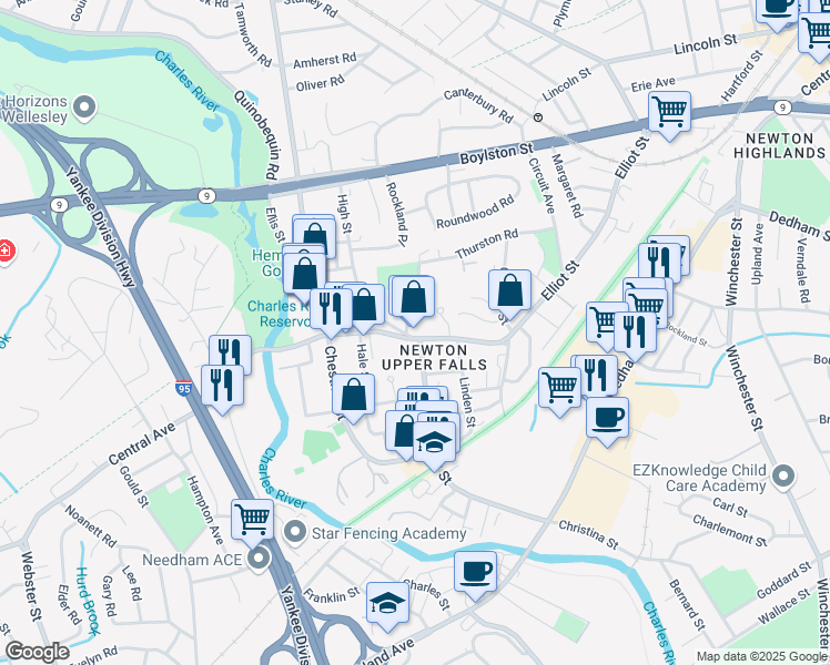 map of restaurants, bars, coffee shops, grocery stores, and more near 48 Pettee Street in Newton