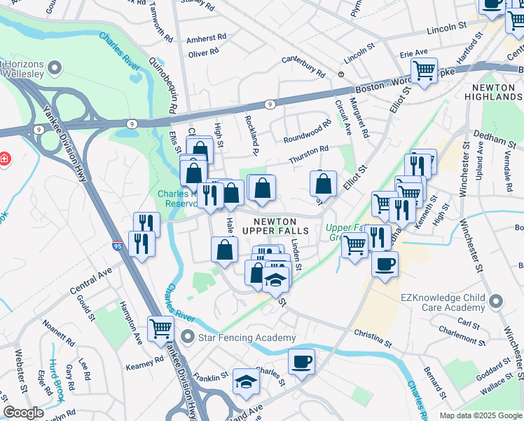 map of restaurants, bars, coffee shops, grocery stores, and more near 48 Pettee Street in Newton