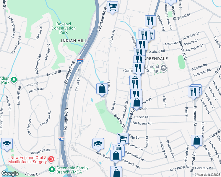 map of restaurants, bars, coffee shops, grocery stores, and more near 103 Brooks Street in Worcester