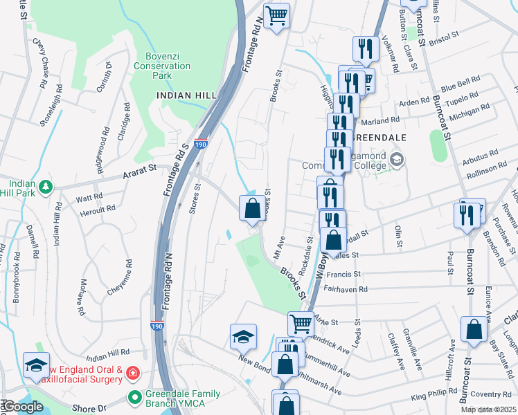map of restaurants, bars, coffee shops, grocery stores, and more near 103 Brooks Street in Worcester