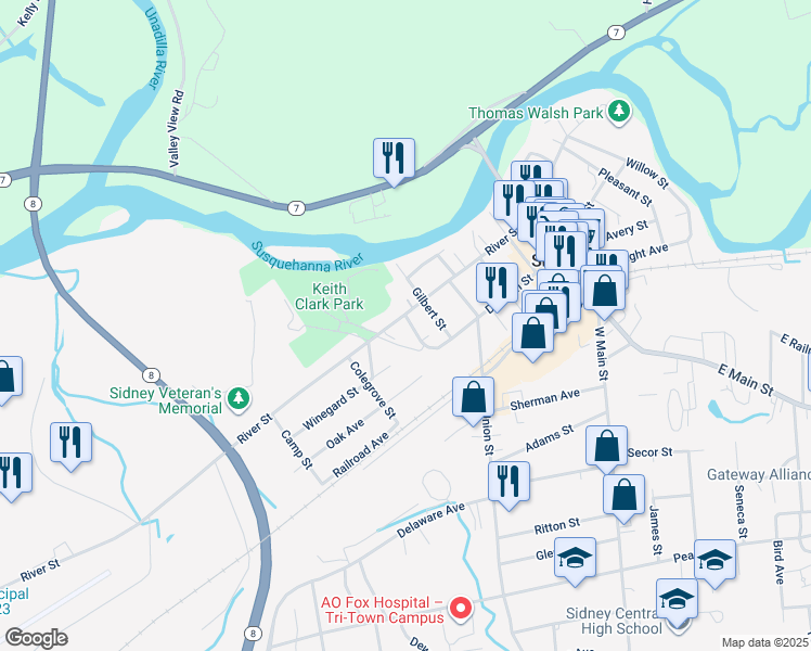 map of restaurants, bars, coffee shops, grocery stores, and more near 60 River Street in Sidney