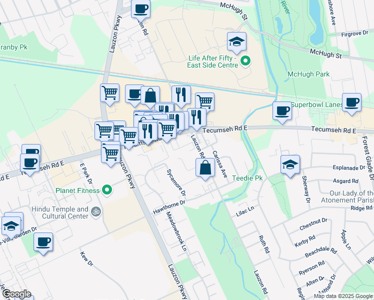 map of restaurants, bars, coffee shops, grocery stores, and more near 7843 Tecumseh Road East in Windsor