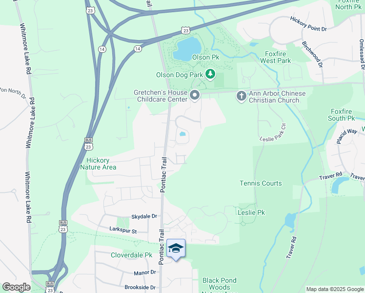 map of restaurants, bars, coffee shops, grocery stores, and more near 2781 South Knightsbridge Circle in Ann Arbor