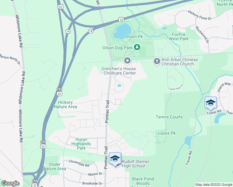 map of restaurants, bars, coffee shops, grocery stores, and more near 2781 South Knightsbridge Circle in Ann Arbor
