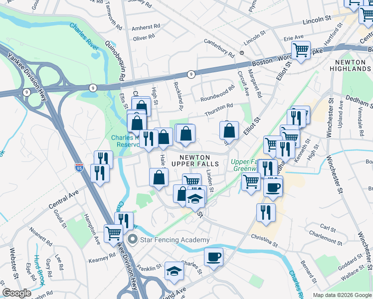 map of restaurants, bars, coffee shops, grocery stores, and more near 48 Pettee Street in Newton