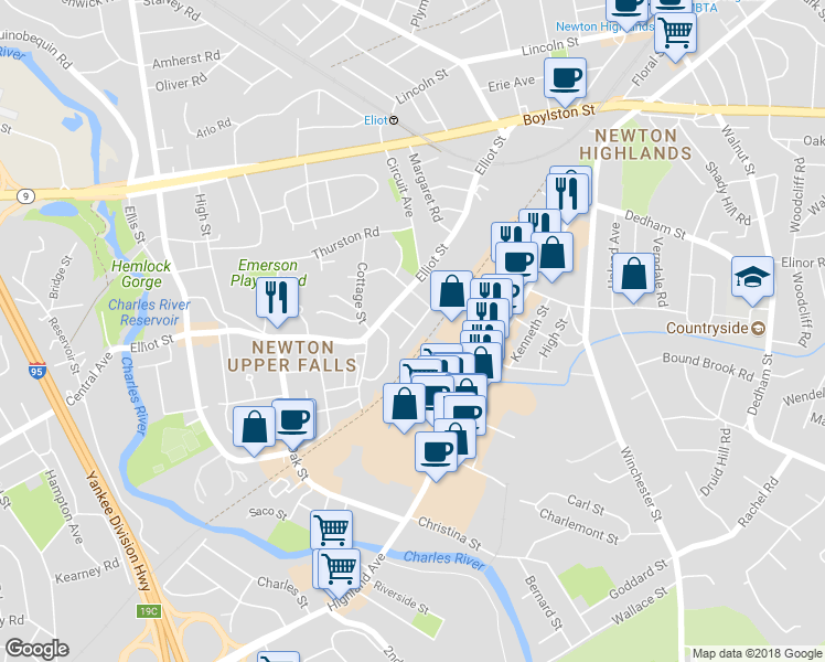 map of restaurants, bars, coffee shops, grocery stores, and more near 35 Chandler Place in Newton