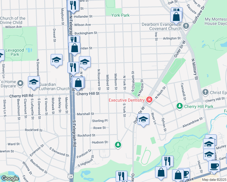 map of restaurants, bars, coffee shops, grocery stores, and more near 206 Mildred Street in Dearborn