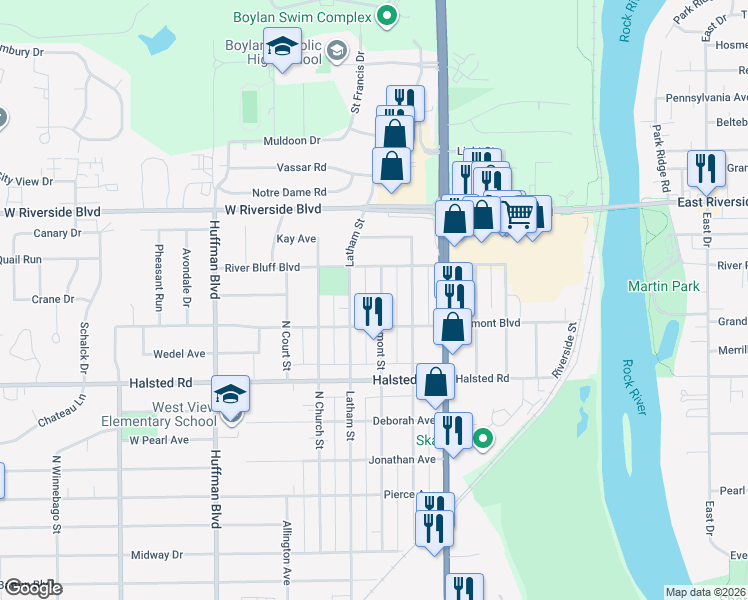 map of restaurants, bars, coffee shops, grocery stores, and more near 3546 Fremont Street in Rockford