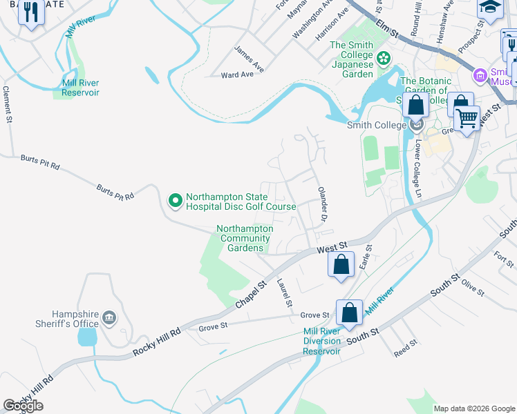 map of restaurants, bars, coffee shops, grocery stores, and more near 2 Moser Street in Northampton