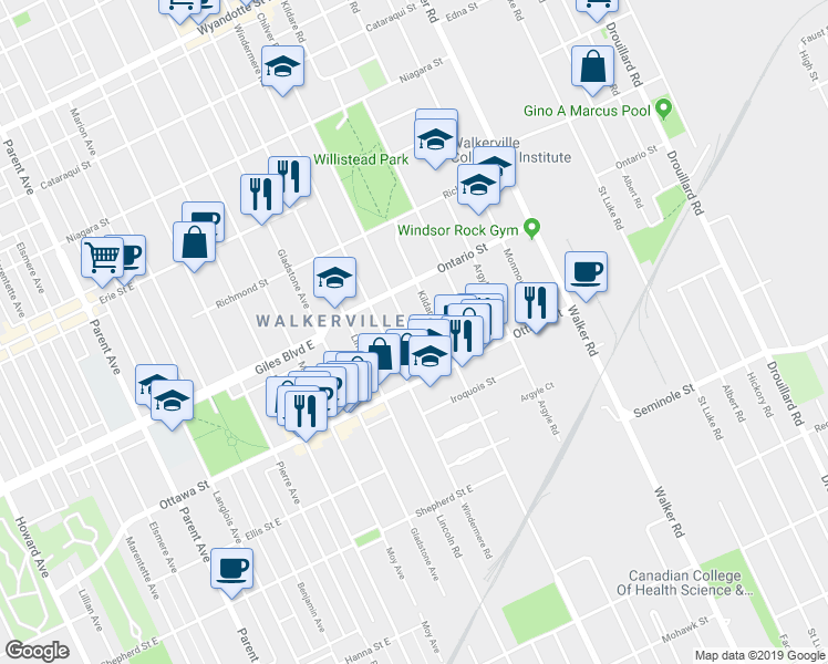 map of restaurants, bars, coffee shops, grocery stores, and more near 1248 Chilver Road in Windsor