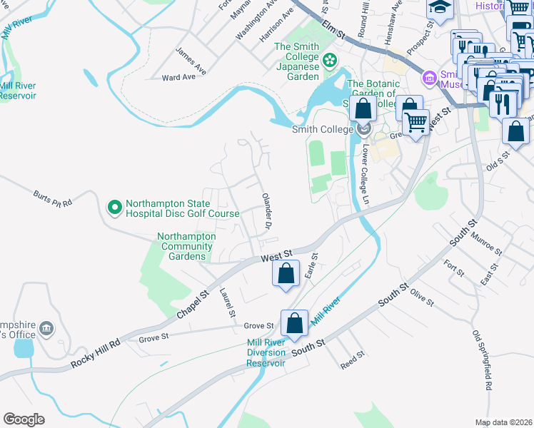 map of restaurants, bars, coffee shops, grocery stores, and more near 50 Olander Drive in Northampton