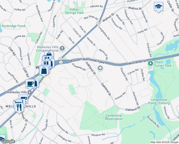 map of restaurants, bars, coffee shops, grocery stores, and more near 6 Oakland Circle in Wellesley
