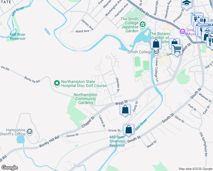 map of restaurants, bars, coffee shops, grocery stores, and more near 30 Village Hill Road in Northampton
