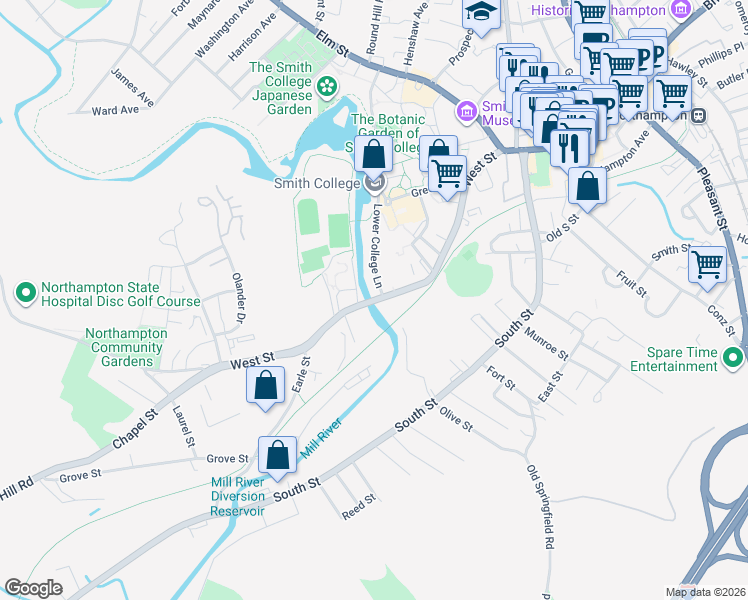 map of restaurants, bars, coffee shops, grocery stores, and more near West Street in Northampton