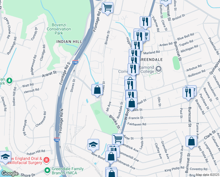 map of restaurants, bars, coffee shops, grocery stores, and more near 31 Mount Avenue in Worcester