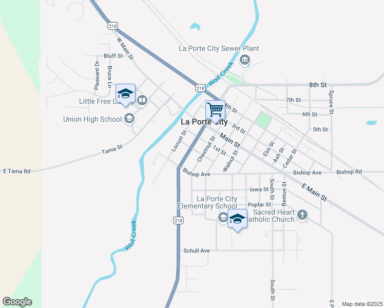 map of restaurants, bars, coffee shops, grocery stores, and more near 602 Commercial Street in La Porte City