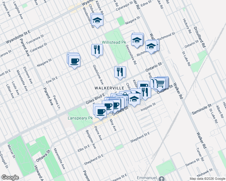 map of restaurants, bars, coffee shops, grocery stores, and more near 1647 Ontario Street in Windsor