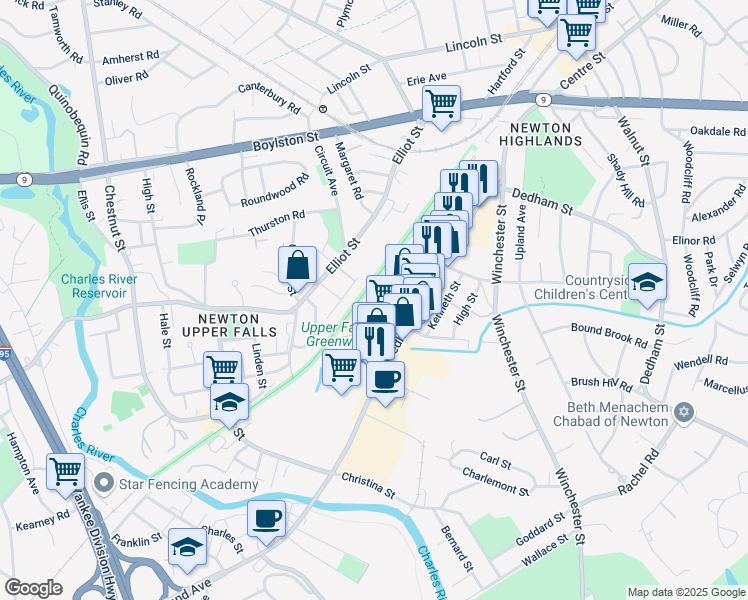 map of restaurants, bars, coffee shops, grocery stores, and more near 153 Needham Street in Newton