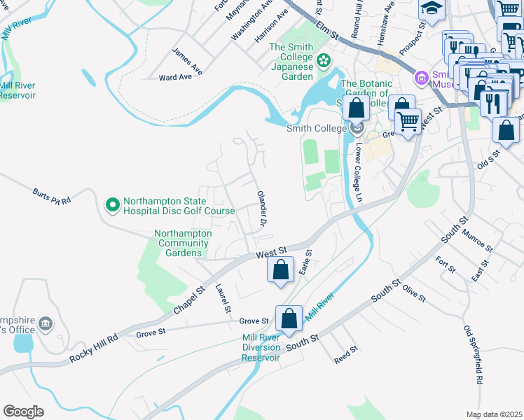 map of restaurants, bars, coffee shops, grocery stores, and more near 52 Olander Drive in Northampton