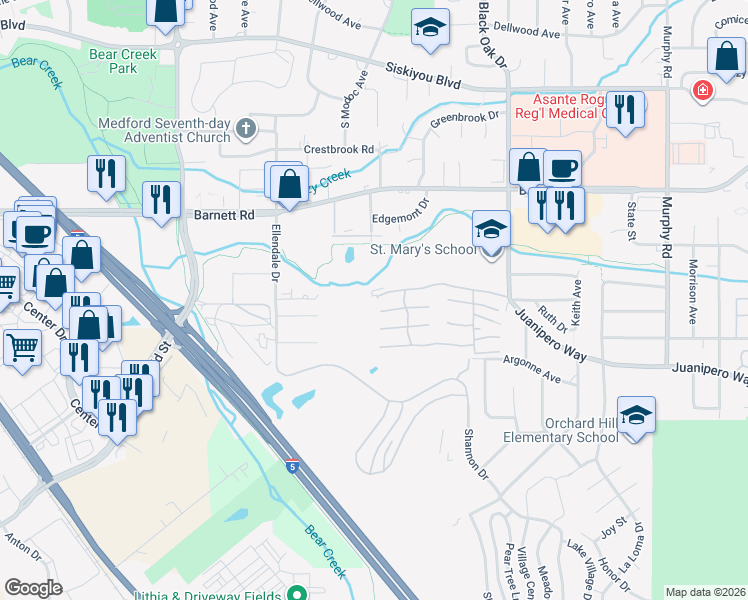 map of restaurants, bars, coffee shops, grocery stores, and more near 2406 Sun Oaks Drive in Medford