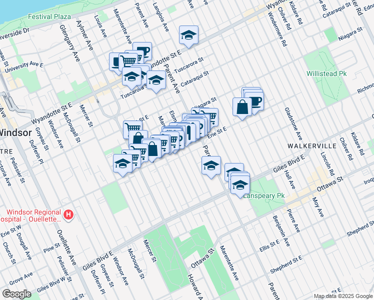 map of restaurants, bars, coffee shops, grocery stores, and more near 870 Erie Street East in Windsor