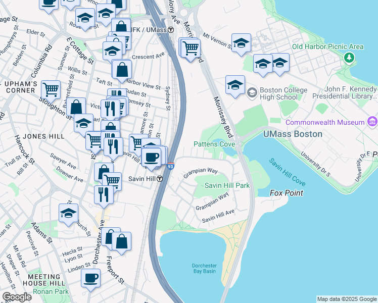 map of restaurants, bars, coffee shops, grocery stores, and more near 10 Sea View Terrace in Boston