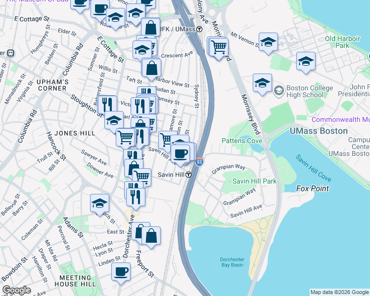 map of restaurants, bars, coffee shops, grocery stores, and more near 47 Tuttle Street in Boston