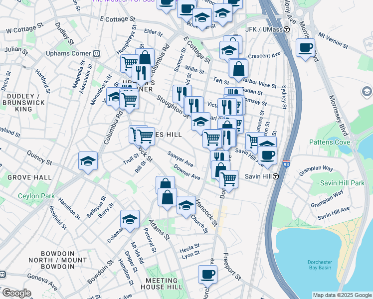 map of restaurants, bars, coffee shops, grocery stores, and more near 21 Peverell Street in Boston
