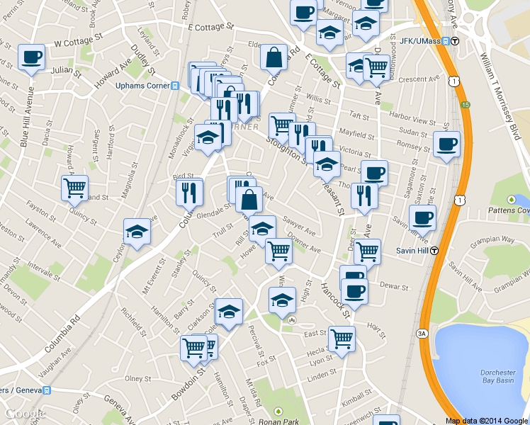 map of restaurants, bars, coffee shops, grocery stores, and more near 17 Rowell Street in Boston