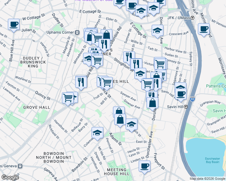 map of restaurants, bars, coffee shops, grocery stores, and more near 17 Rowell Street in Boston