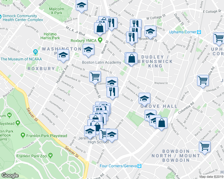 map of restaurants, bars, coffee shops, grocery stores, and more near 36 Gaston Street in Boston