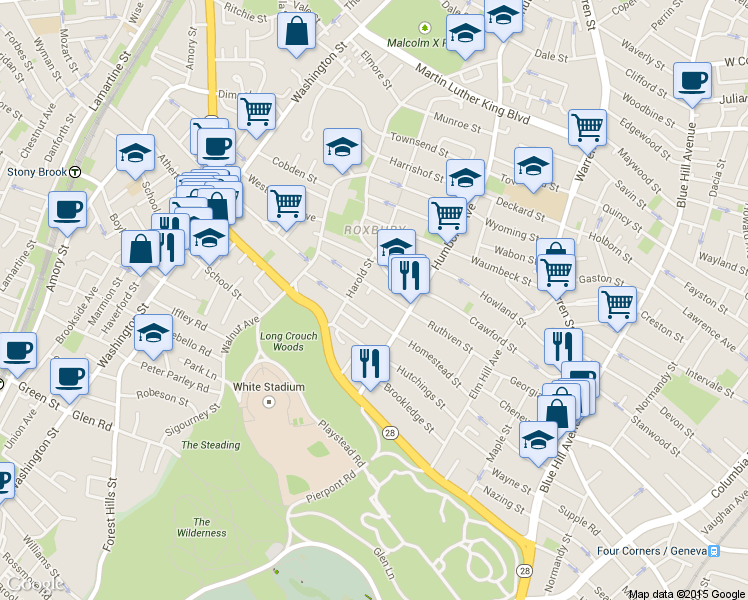 map of restaurants, bars, coffee shops, grocery stores, and more near 102 Crawford Street in Boston