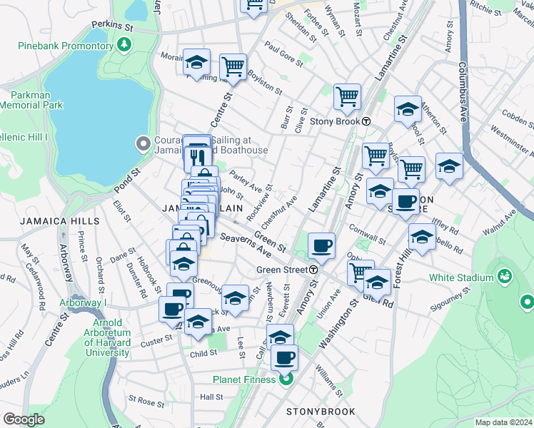 map of restaurants, bars, coffee shops, grocery stores, and more near 90 Rockview Street in Boston