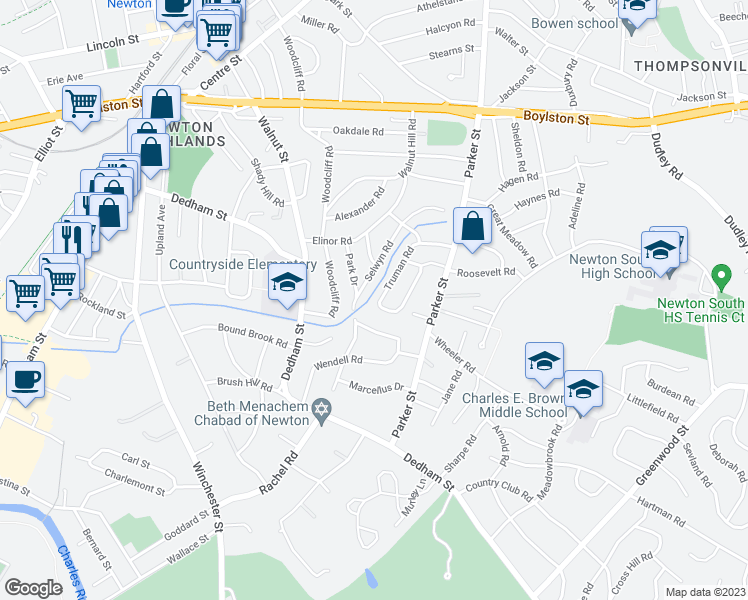 map of restaurants, bars, coffee shops, grocery stores, and more near 106 Selwyn Road in Newton