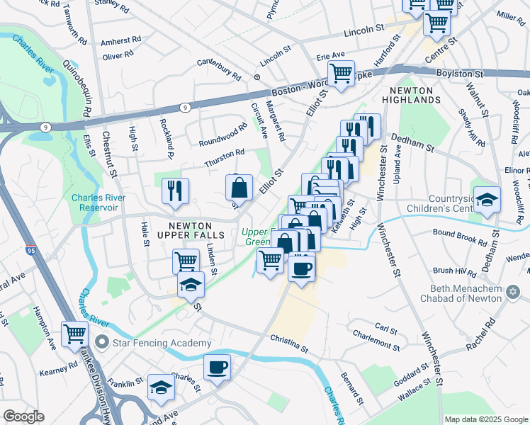 map of restaurants, bars, coffee shops, grocery stores, and more near 19 Chandler Place in Newton