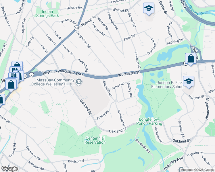 map of restaurants, bars, coffee shops, grocery stores, and more near 2 Standish Road in Wellesley