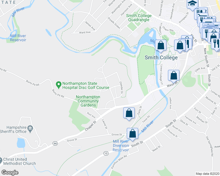 map of restaurants, bars, coffee shops, grocery stores, and more near 73 Village Hill Road in Northampton