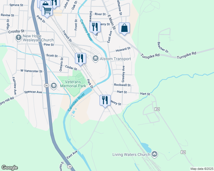 map of restaurants, bars, coffee shops, grocery stores, and more near 199 East Avenue in Hornell