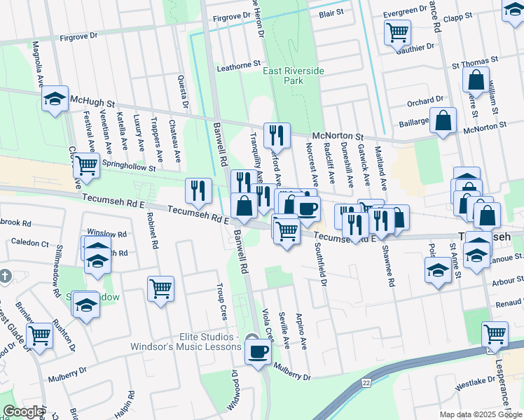 map of restaurants, bars, coffee shops, grocery stores, and more near 11662 Tecumseh Road East in Windsor