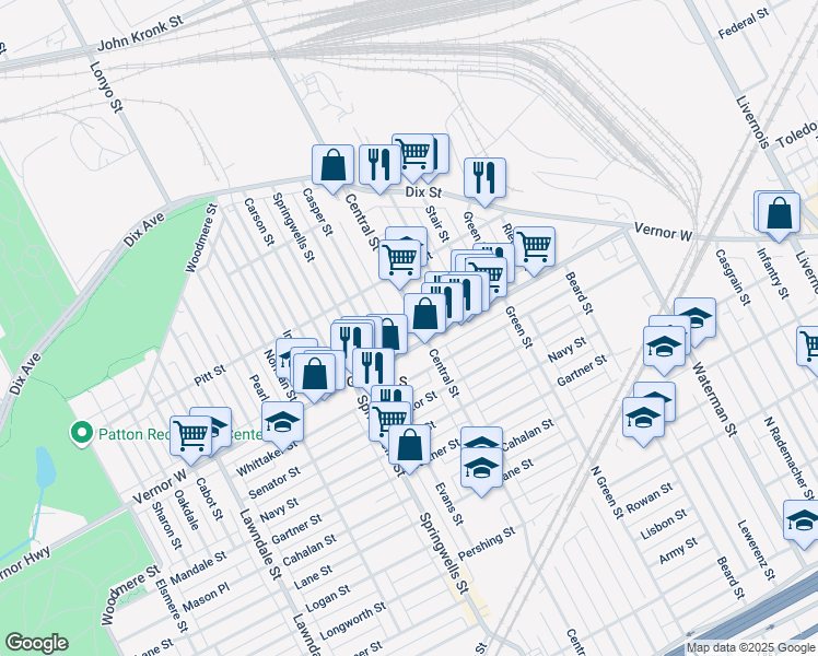 map of restaurants, bars, coffee shops, grocery stores, and more near 2411 Central Avenue in Detroit