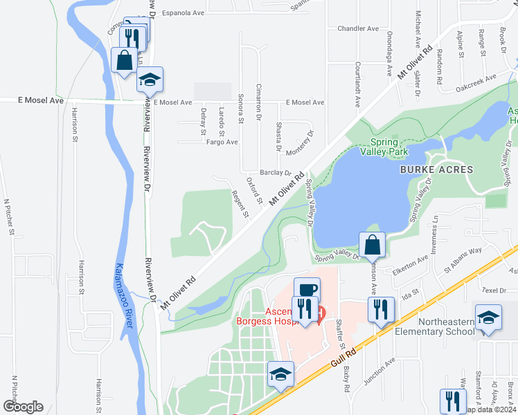 map of restaurants, bars, coffee shops, grocery stores, and more near 2228 Regent Street in Kalamazoo