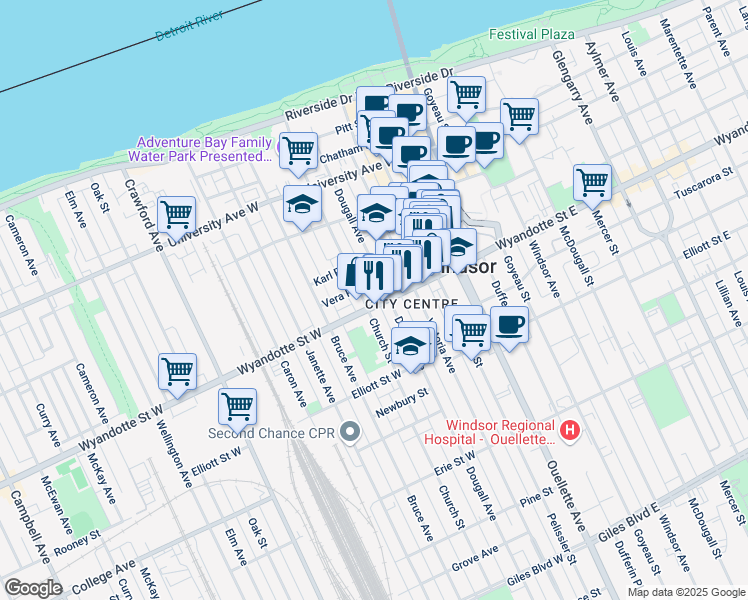map of restaurants, bars, coffee shops, grocery stores, and more near 562 Dougall Avenue in Windsor
