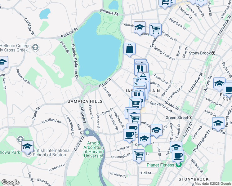 map of restaurants, bars, coffee shops, grocery stores, and more near 54 Burroughs Street in Boston