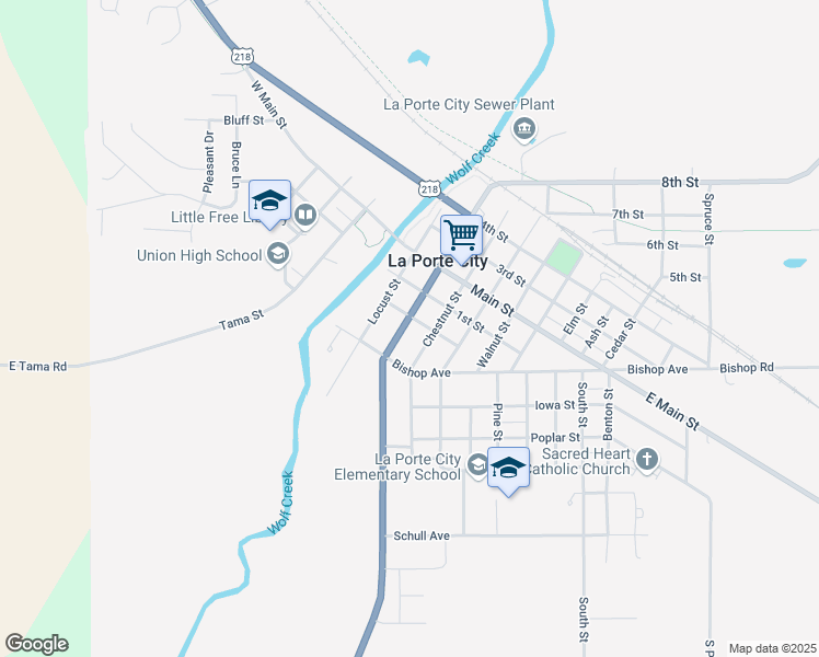 map of restaurants, bars, coffee shops, grocery stores, and more near 602 Commercial Street in La Porte City