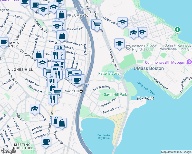 map of restaurants, bars, coffee shops, grocery stores, and more near 10 Sea View Terrace in Boston