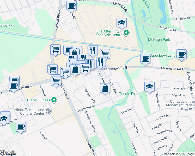 map of restaurants, bars, coffee shops, grocery stores, and more near 2545 Lauzon Road in Windsor